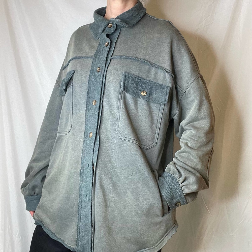 Pol French terry oversized shacket jacket green button front vintage wash faded - Picture 13 of 16